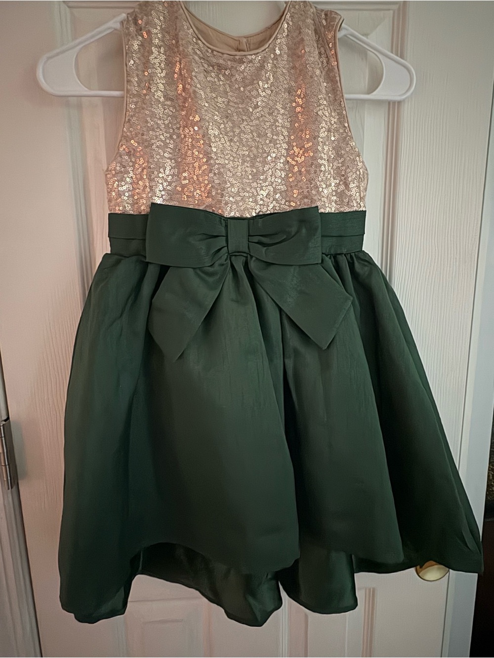 Girls Sequin Bodice Satin Skirt Dress with Bow - Green and Champagne